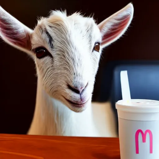 Prompt: a cute baby goat sitting in a booth eating at mcdonalds, mcdonalds interior background, close up of the baby goat, photo