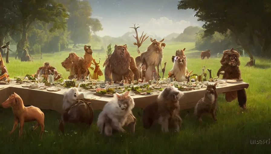 Image similar to a table dinner of animals where animals are dressed like the characters from the midsommar movie, realistic detailed digital art by maxwell boas jessica rossier christian dimitrov anton fadeev trending on artstation cgsociety rendered in unreal engine 4 k hq