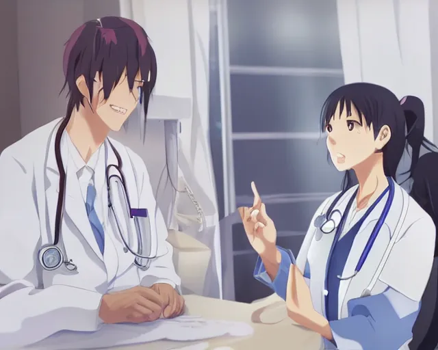 Image similar to a cute young female doctor wearing white coat are talking with an old surgeon in a hospital, slice of life anime, lighting, anime scenery by Makoto shinkai