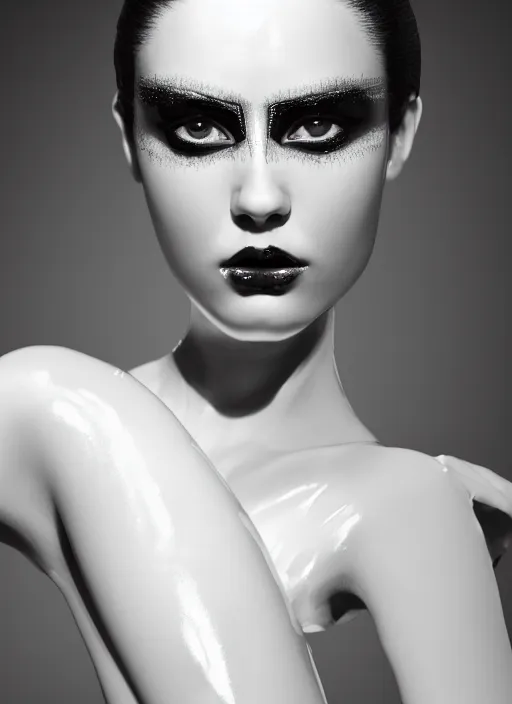 Prompt: a fierce nubile young woman with reflections in her eyes and slicked hair, wearing full body white latex and facemask, clear skin, elegant, graceful, fashionable, cinematic, hyperdetailed illustration by irakli nadar and alexandre ferra, intricate linework, faberge, ornamental, depth of field, global illumination,