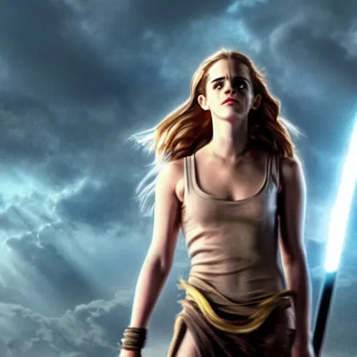 Prompt: photo of emma watson as zeus controlling thunderbolts