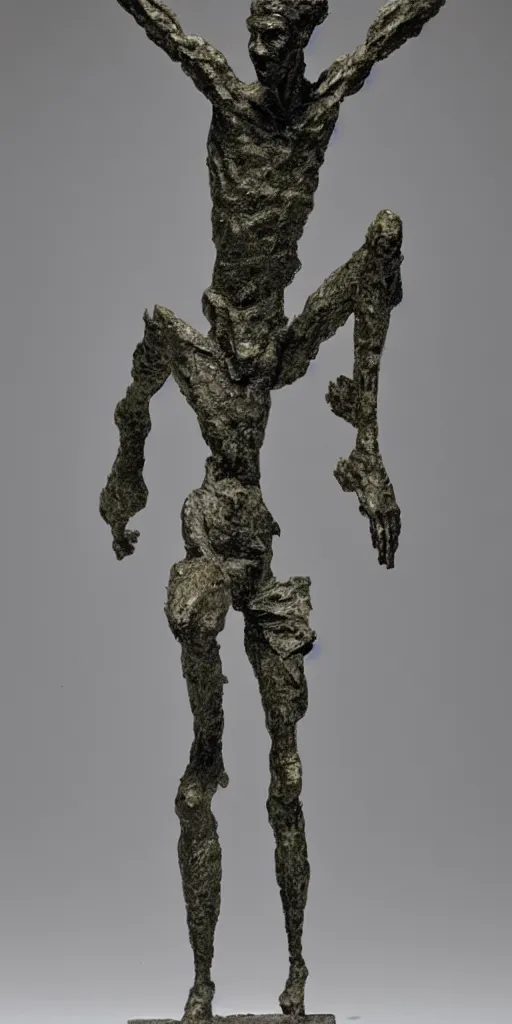 Image similar to sculpture of a cowering man, in the style of alberto giacometti