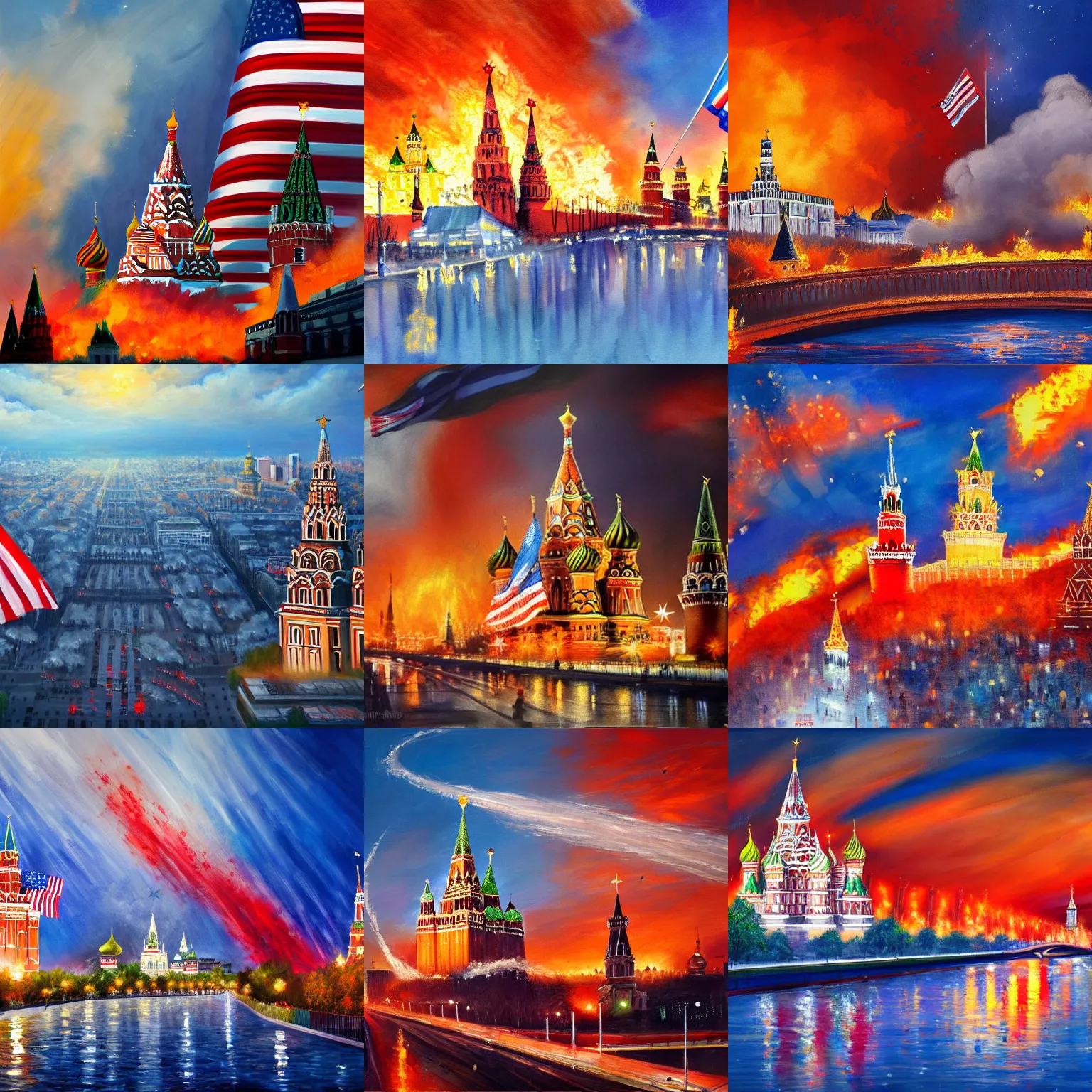 Prompt: Beautiful award winning painting of Moscow on fire with an American flag on top of the Kremlin, extreme detail, trending on artstation 4k ultra HD