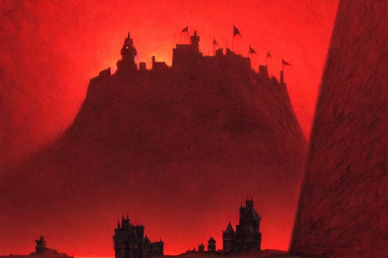 Image similar to only with red, in a red dream world, a crimson tiger, a castle in the background, medieval demons, in the style of beksinski, part by hopper, part by rodcenko, part by hofbauer, intricate composition, red by caravaggio, insanely quality, highly detailed, masterpiece, red light, artstation