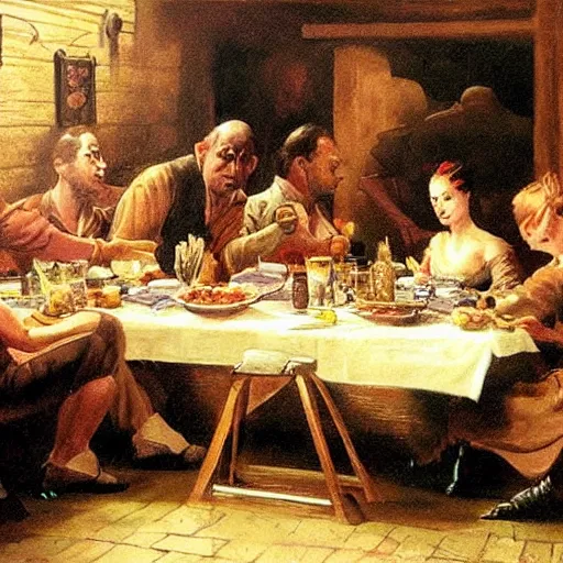 Prompt: A beautiful painting of a group of people gathered around a table in a tavern. They are all eating and drinking, and appear to be enjoying themselves. formicapunk, inverted colors by Raymond Leech, by Phil Noto, by Odd Nerdrum