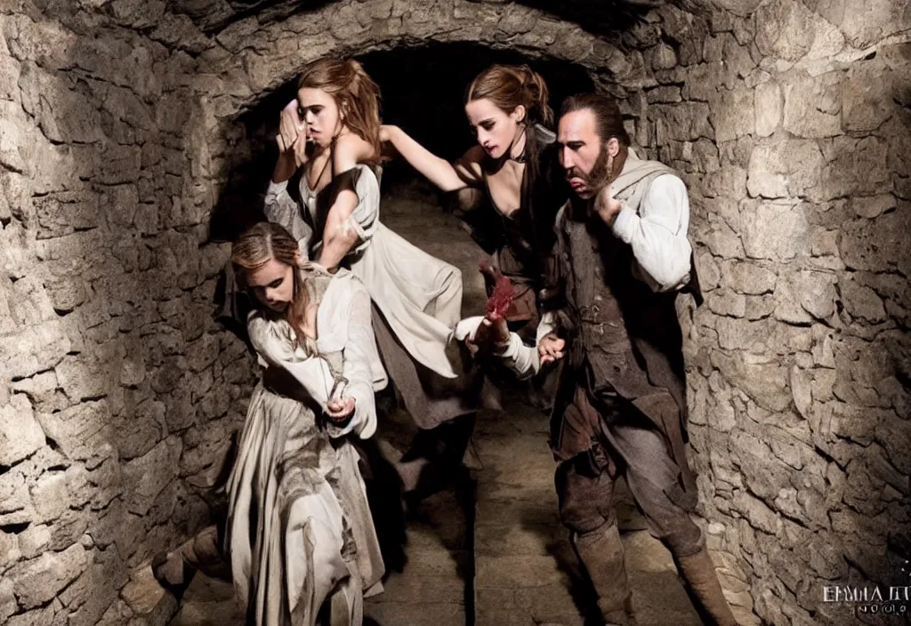 Prompt: photography emma watson fight with nicholas cage in a medieval wine cellar cinematic