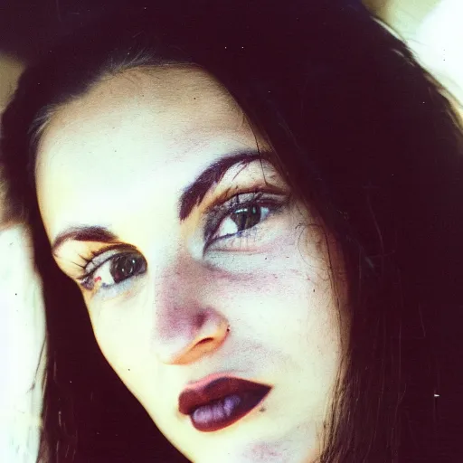 Image similar to 35mm film photo of an atractive cool alternative bosnian woman in her early 20s. beautiful face. She has dark brown hair, dark thick eyebrows, brown eyes and shoulder long hair.