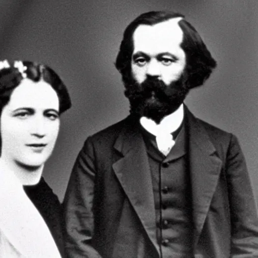 Prompt: Karl Marx and Ayn Rand, wedding photo, 1920, church backround