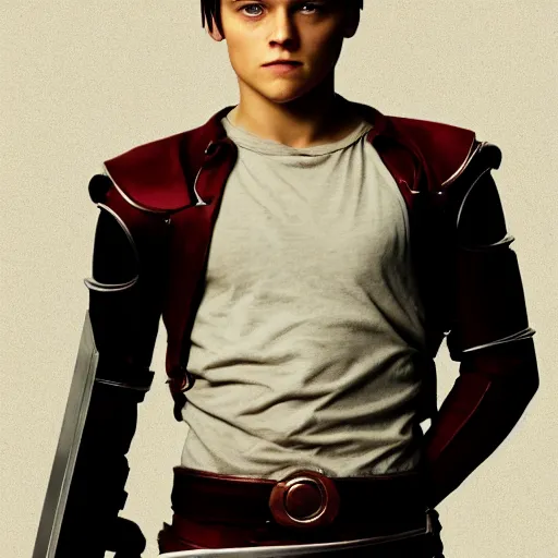 Image similar to photo portrait of young Leonardo Di Caprio as Edward Elric , full body, cinematic light, Full Metal Alchemist, movie, 4K