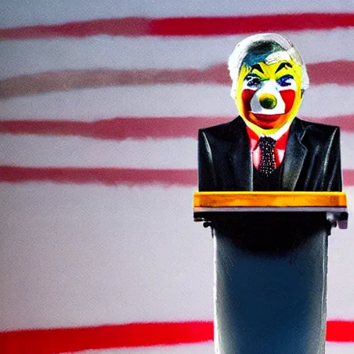 Image similar to marionette of a president with clown makeup in a podium and a human shadow behind