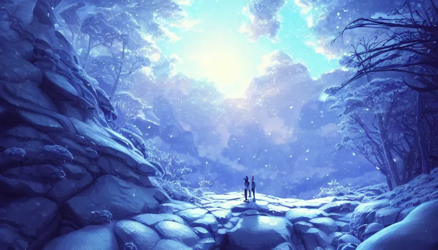 Image similar to A highly detailed digital art painting of the opening to the dragons cave in the snowy forest, shimmering cloudy sky by Studio Ghibli, Makoto Shinkai, (((Makoto Shinkai))) by Artgerm, by beeple, volumetric lighting, octane render, 4K resolution, trending on artstation, masterpiece, vivid colours