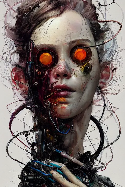 Image similar to young woman cyberpunk dream thief, wires cybernetic implants, in the style of adrian ghenie, esao andrews, jenny saville,, surrealism, dark art by james jean, takato yamamoto. intricate, very detailed, high quality