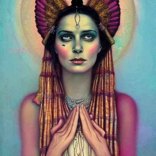 Image similar to old Indian majestic lady, looking upwards with hands clasped, despair, pink and gold, mystic, by Anato Finnstark, Tom Bagshaw, Brom