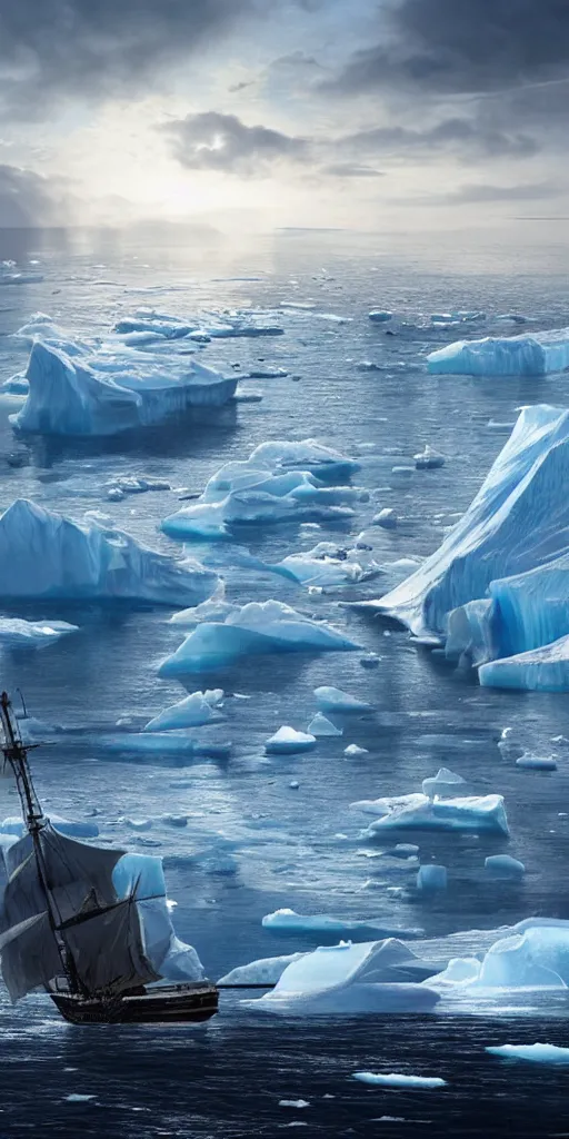 Prompt: ship in turbulent waters in antartica, icebergs in the background, hyper realistic, highly detailed, digital art, apocalyptic, intimidating lighting, raytracing, sharp focus, smooth, romanticism