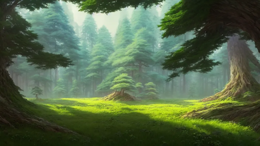 Image similar to forest clearing landscape, studio ghibli, pixar and disney animation, sharp, rendered in unreal engine 5, highly detailed, digital painting, artstation, concept art, smooth, sharp focus, illustration, wide angle, artbook, wallpaper, splash art, promo art, dramatic lighting, art by artgerm and greg rutkowski and bo chen and jin xiaodi