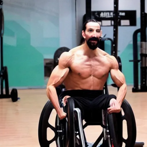 Image similar to pablo echenique robba as a bodybuilder in a gym lifting weights sitting in his wheelchair