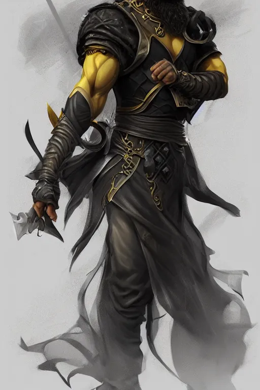 Image similar to Arab man light beard, curly hair, swordsman, modern, hero, yellow and charcoal leather, character concept art, costume design, trending on artstation, Artgerm , WLOP