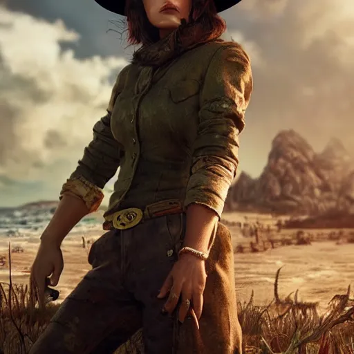 Prompt: fallout 5, charismatic beautiful, rugged, brunette female protagonist wearing a cowboy - hat, portrait, outdoors ruined coastal area, atmospheric lighting, painted, intricate, volumetric lighting, beautiful, spring, sharp focus, warm deep colours, ultra detailed, by leesha hannigan, ross tran, thierry doizon, kai carpenter, ignacio fernandez rios