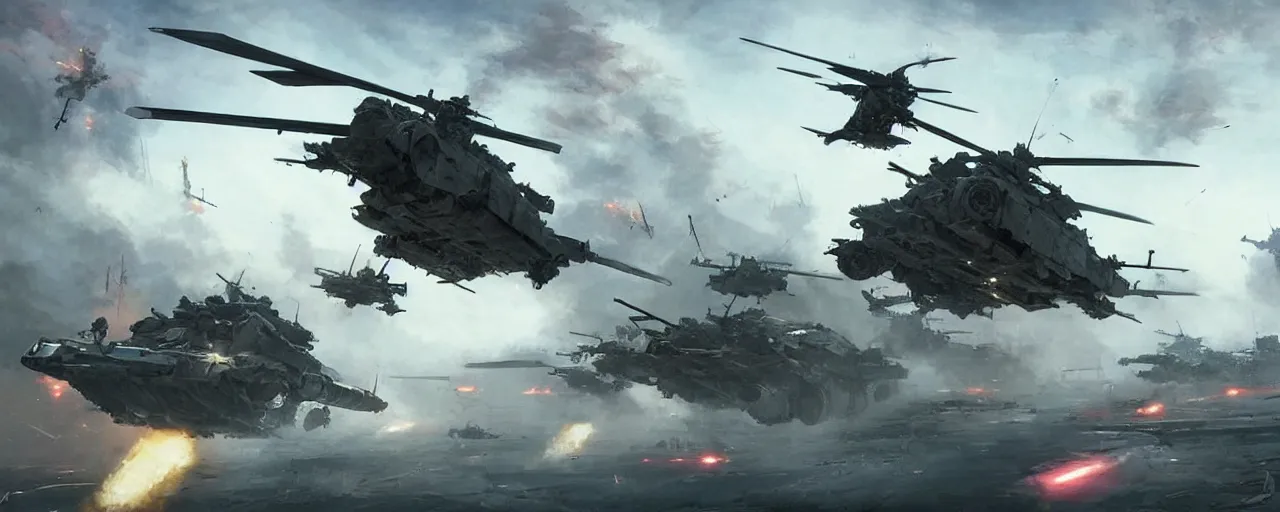 Image similar to a futuristic cyberpunk helicopter in war scene, tank combat in the battlefield, epic scene, by greg rutkowski