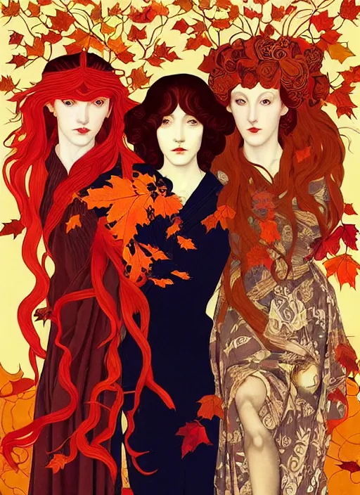 Image similar to 3 Autumn Muses symbolically representing September, October, and November, in a style blending Æon Flux, Peter Chung, Shepard Fairey, Botticelli, Ivan Bilibin, and John Singer Sargent, inspired by pre-raphaelite paintings, shoujo manga, and cool Japanese street fashion, dramatic autumn landscape, leaves falling, deep vivid warm tones, hyper detailed, super fine inking lines, ethereal and otherworldly, 4K extremely photorealistic, Arnold render