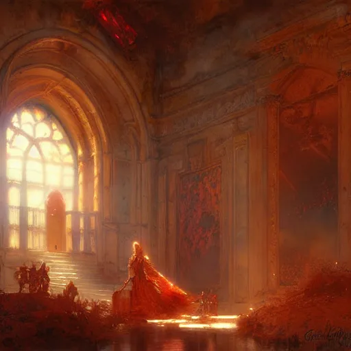 Image similar to a chapel's ceiling is broken in half as a red magical portal from hell opens up there. highly detailed painting by gaston bussiere, greg rutkowski, craig mullins 8 k