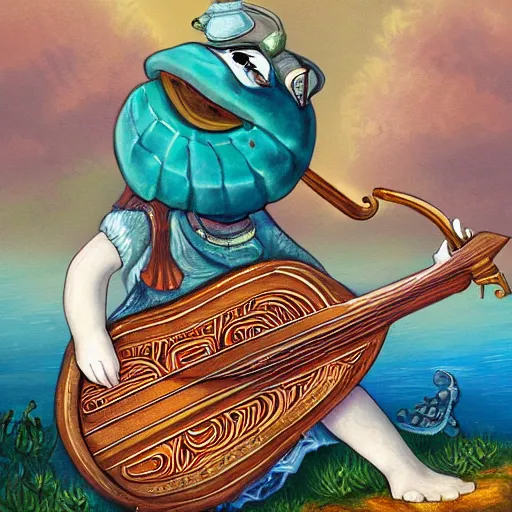 Image similar to an anthropomorphic tortoise playing a lute by the sea, Highly detailed and beautiful fantasy art trending in art station.