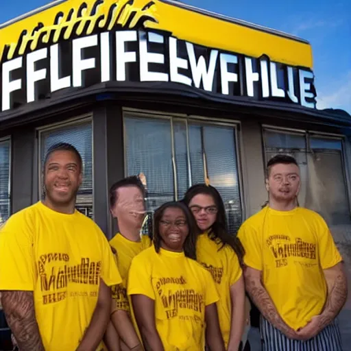 Image similar to wafflehouse employee's standing below wafflehouse sign, employees uniform is blue and black with yellow name tags