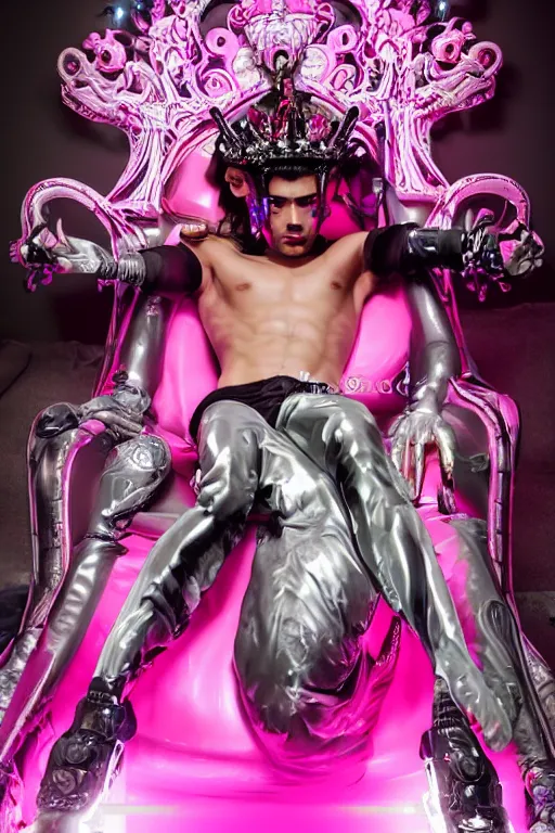 Image similar to full-body rococo and cyberpunk style neon statue of a muscular attractive Zayn Malik macho dotado e rico android sim roupa reclining con las piernas abertas e la piroca dura, glowing white laser eyes, prince crown of pink gears, diamonds, swirling silver-colored silk fabric. futuristic elements. full-length view. space robots. human skulls. intricate artwork by caravaggio. Trending on artstation, octane render, cinematic lighting from the right, hyper realism, octane render, 8k, depth of field, 3D