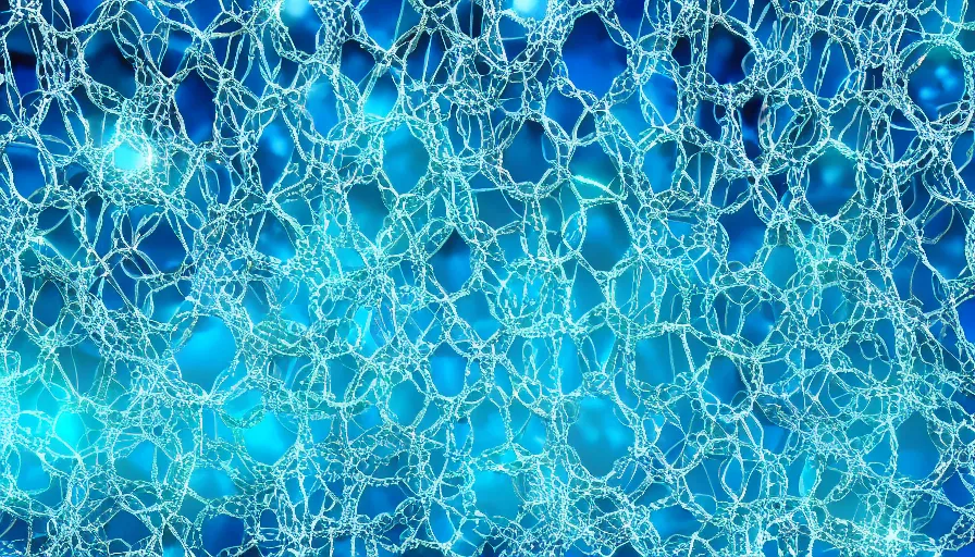 Image similar to crystals hung in a fine chain net, the crystals being ever shining with an inner blue radiance, realistic, octane render