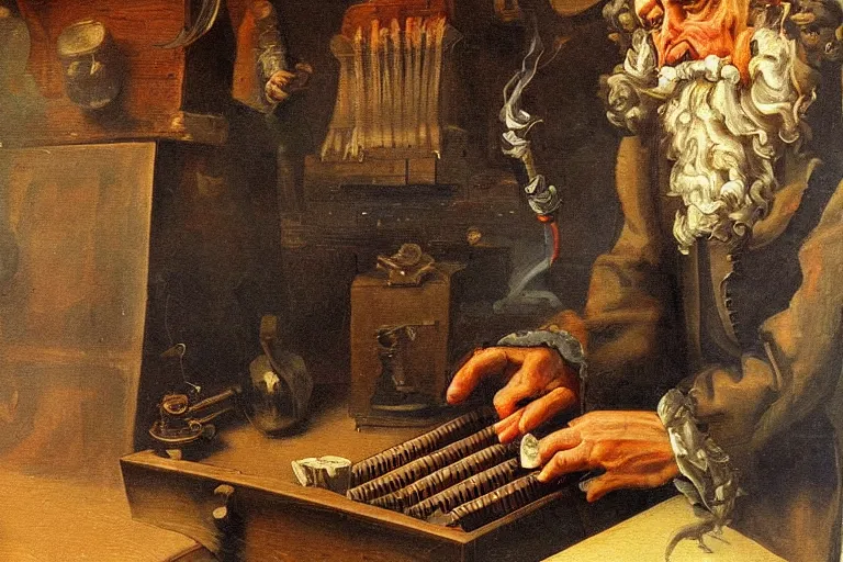 Image similar to smoke pipe organ, high detail baroque oil painting