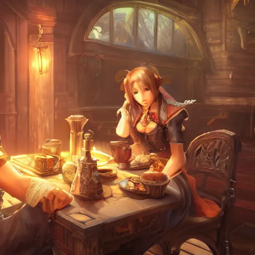 Prompt: Yda from FFXIV sitting down in a tavern, ultra detailed, fantasy, artstation, matte