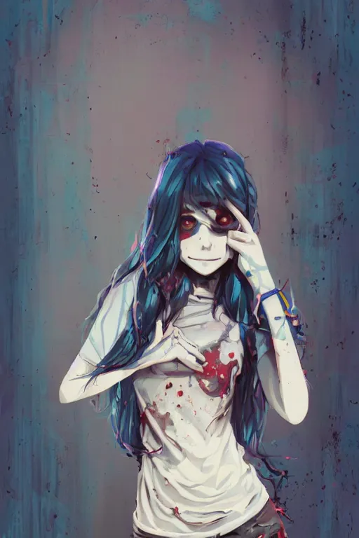 Image similar to urban school zombie girl in tattered clothes fanart, dark blue long hair, muted colors, matte print, pastel colors, ornate, digital art, cute smile, digital painting, fan art, elegant, pixiv, by Ilya Kuvshinov, by Studio Ghibli