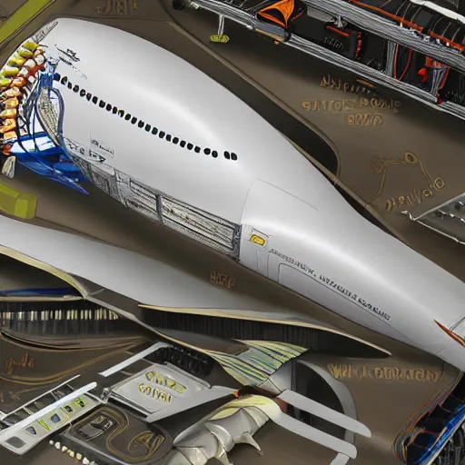 Prompt: cutaway diagram detailing the inner workings of a boeing 7 4 7 - 8 0 0 airliner, detailed