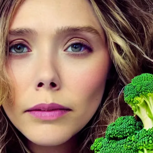 Image similar to elizabeth olsen with broccoli hair, trending on artstation, 4 k quality, intricate