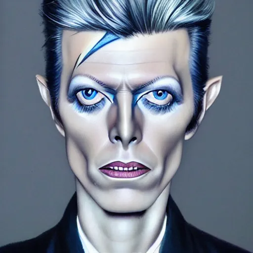 Image similar to Caricature portraits done of a young David Bowie, realistic, hyperrealistic, very realistic, highly detailed, very detailed, extremely detailed, detailed, oil painting, digital art, trending on artstation