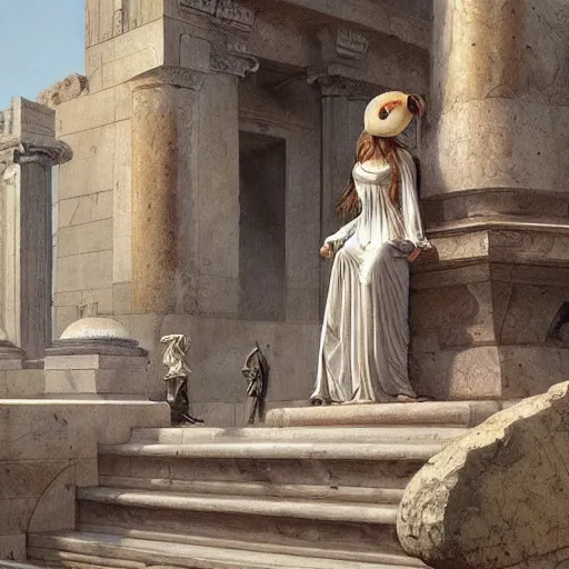 Prompt: tiny full-body young ancient greek woman in helmet, giant gray-haired bearded male head in background, by David Ligare, incredible details, epic stunning, highly detailed, trending on ArtStation, artgerm and greg rutkowski and alphonse mucha, IAMAG, broken giant marble ruins, golden hour