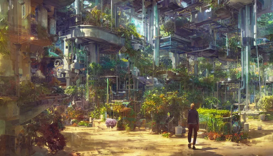 Image similar to craig mullins and ghibli digital illustration tall vertical farms, hydroponics, solarpunk, colorful, unreal engine, hyper realism, realistic shading, cinematic composition, realistic render, octane render, detailed textures, photorealistic, wide shot