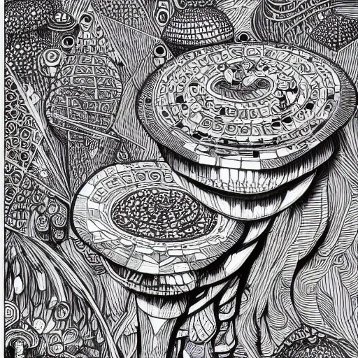 Prompt: Geometrically surreal mushroom city, extremely high detail, photorealistic, intricate line drawings, dotart, album art in the style of James Jean