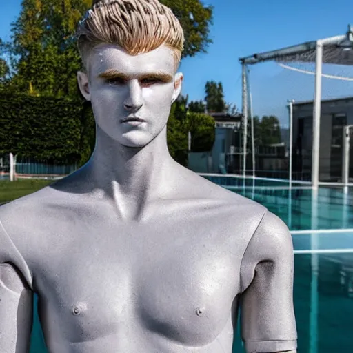 Image similar to a realistic detailed photo of a guy who is an attractive humanoid who is half robot and half humanoid, who is a male android, soccer player timo werner, shiny skin, posing like a statue, blank stare, by the pool, on display, showing off his muscles, humanoid robot, frozen ice statue, made of ice