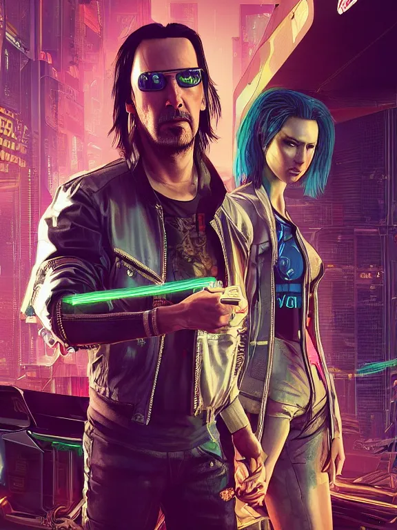 Prompt: a cyberpunk 2077 couple portrait of Keanu Reeves and V,complex mess of cables and wires behind them connected to giant computer,love,film lighting,by laurie greasley,Greg Hildebrandt,Donato Giancola,William Morris,Dan Mumford,trending on atrstation,full of color,face enhance,highly detailed,8K, octane,golden ratio,cinematic lighting