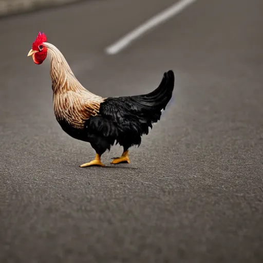 Prompt: a chicken walking on a mobius strip motorway, black alphlat, 4k, award winning photography, superrealistic