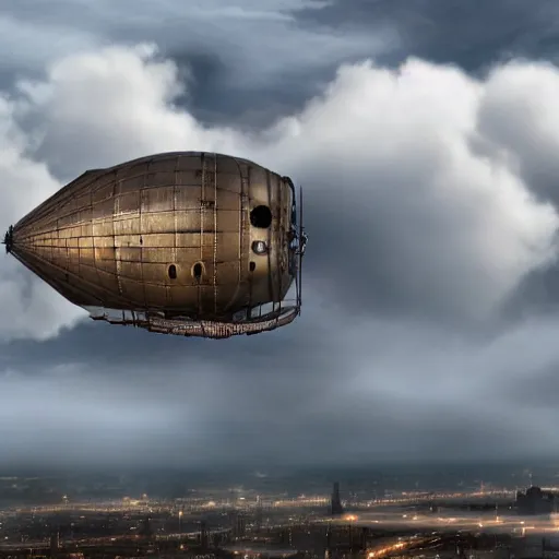 Prompt: A steampunk airship flying through the clouds towards a towards a steampunk city