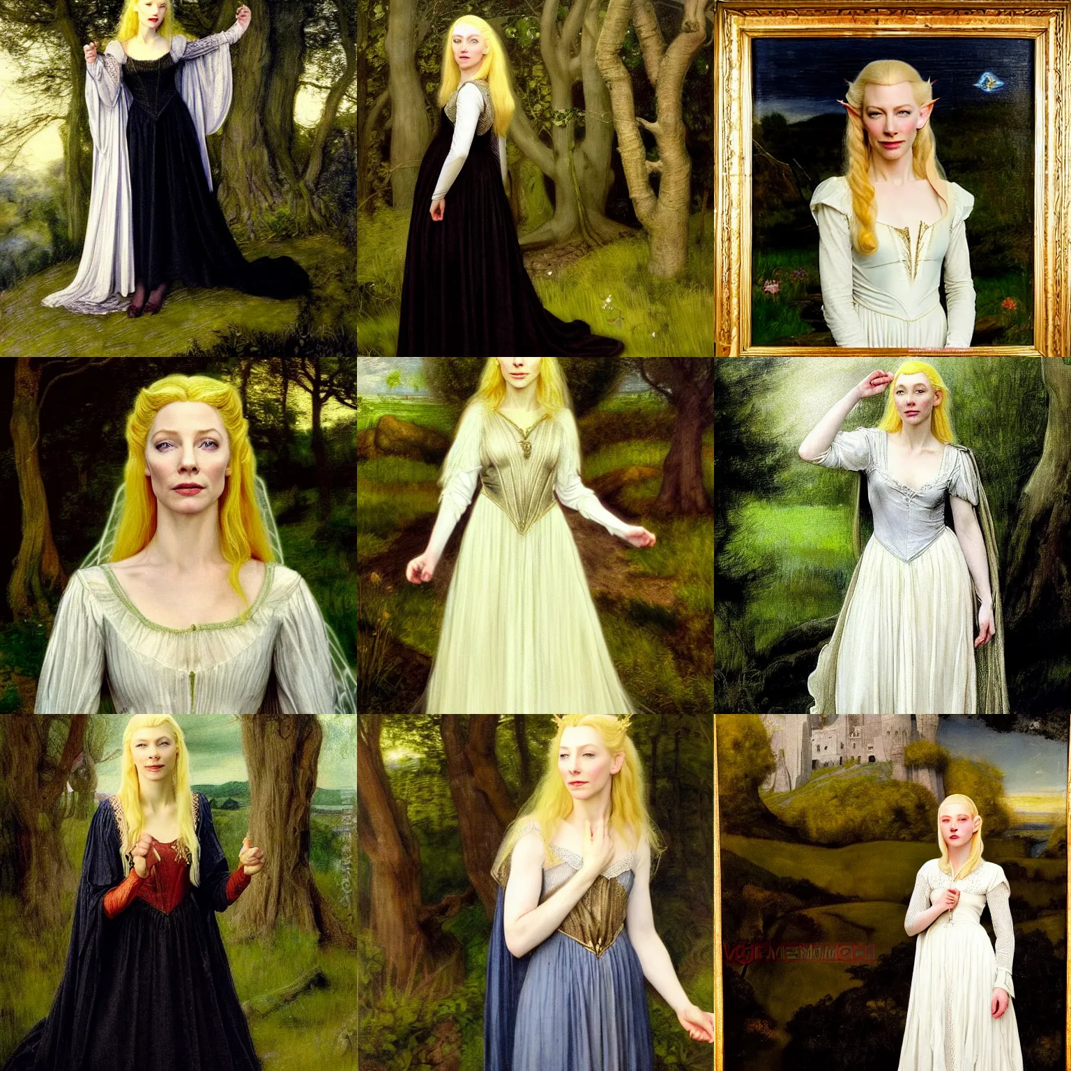 Prompt: a full length portrait of mischievous, dangerous young, blonde Galadriel! (young Cate Blanchett), dressed in a lumnious lacy, (((white))) dress. The background is dark, dangerous. Pre-Raphaelite oil painting, inspired by Henry Meynell Rheam: The Fairy Wood