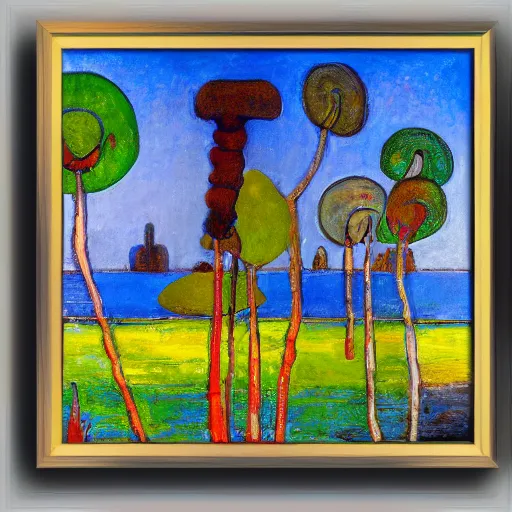 Prompt: a framed painting of a beautiful piet mondrian tropical landscape