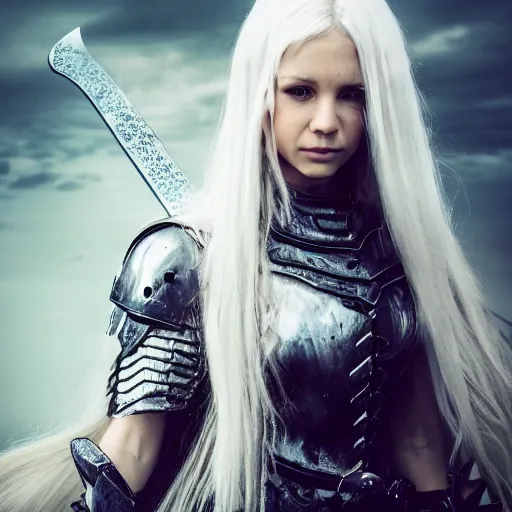 Image similar to beautiful girl with white long hair, wearing epic armor holding an edgy sword ready to fight a deadly monster giant