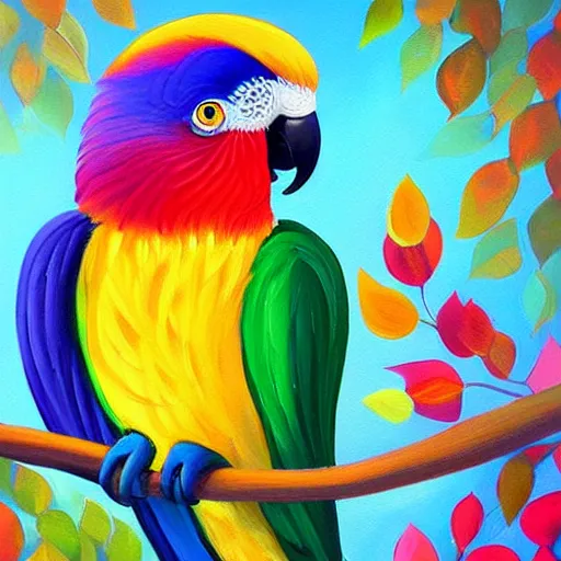Prompt: beautiful acrylic painting of an adorable parrot, by jeremiah ketner, 8k hq trending on artstation