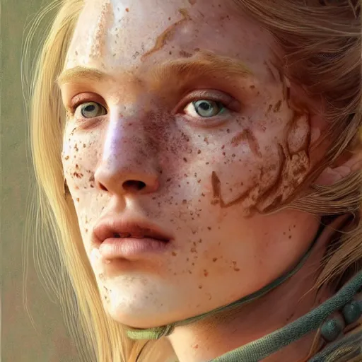 Image similar to an portrait of an happy female celt, blonde hair, lip scar, freckles, detailed, centered, digital painting, artstation, concept art, donato giancola, Joseph Christian Leyendecker, WLOP, Boris Vallejo, Breathtaking, 8k resolution, extremely detailed, beautiful, establishing shot, artistic, hyperrealistic, beautiful face, octane render