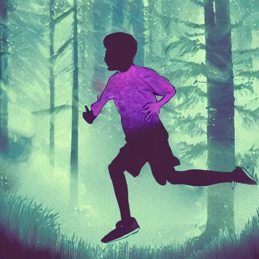 Image similar to Vapor Wave style artwork of a boy running through a forest filled with mystical creatures