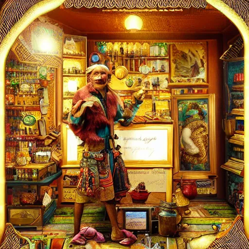 Image similar to a Anthropomorphized parrot trader in his shop, selling his wares, portrait, items, gold, carpet, window, presenting wares, holding a gold bag, D&D, fantasy, cinematic lighting, highly detailed, digital painting, artstation, concept art, smooth, sharp focus, illustration, warm light, cozy warm tint, magic the gathering artwork, volumetric lighting, 8k, art by Akihiko Yoshida, Greg Rutkowski