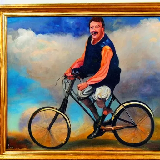 Image similar to A painting of a joyful man riding a bicycle in the clouds, action shot, subject is smiling, expressive oil painting